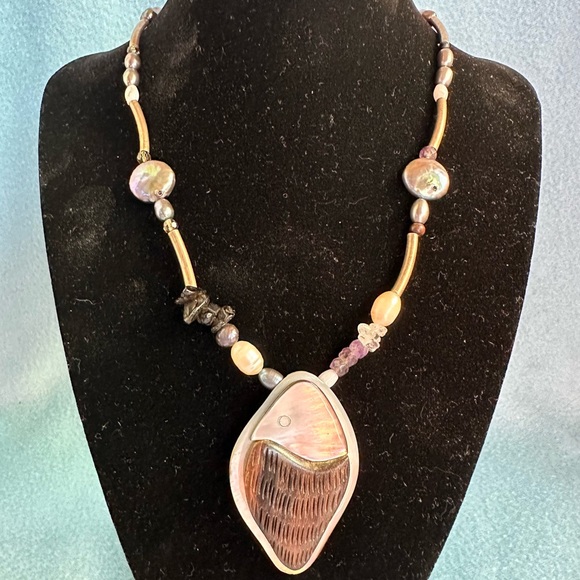 Unique NATURE BIJOUX Necklace: Pearls, Mother of Pearl, amethyst, agate, wood 🎣 - Picture 10 of 10